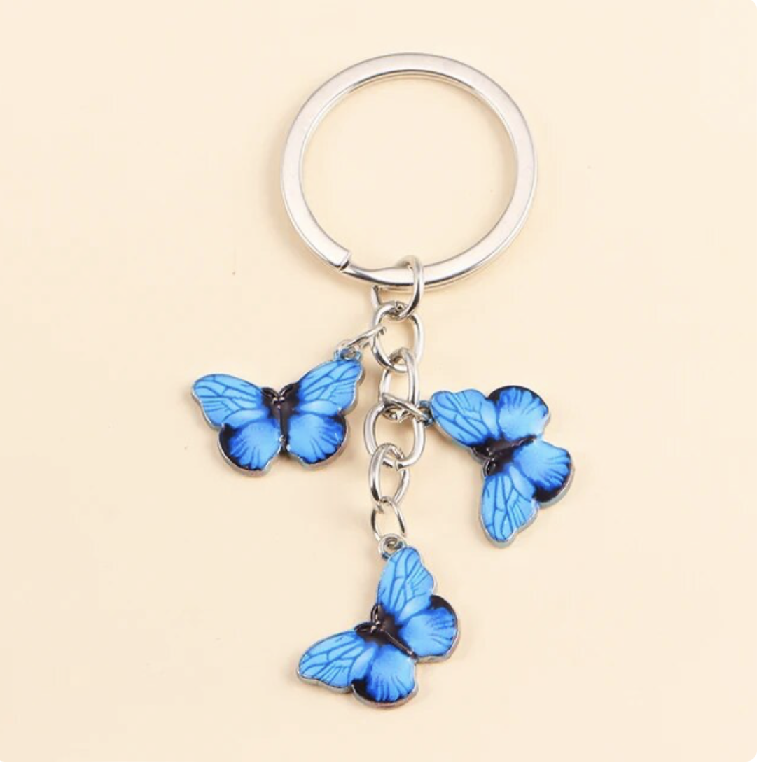 Sleutelhanger met 3 Blauwe Vlinders