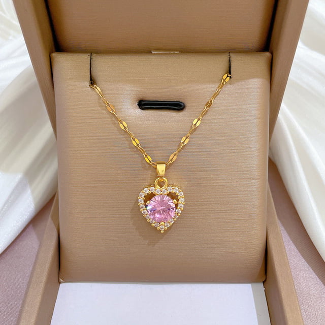 Goudkleurige hart ketting met roze kristal - Sieraden - Spiritueelboek.nl