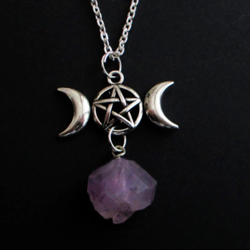 Wicca Ketting met Amethist en Pentagram met 2 Halve Manen - Sieraden - Spiritueelboek.nl