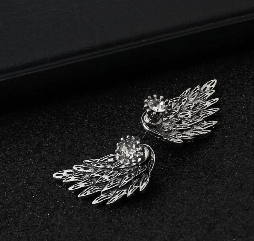 Zilverkleurige Oorbellen met Engelen Vleugels en Zirkoon Steen - Sieraden - Spiritueelboek.nl