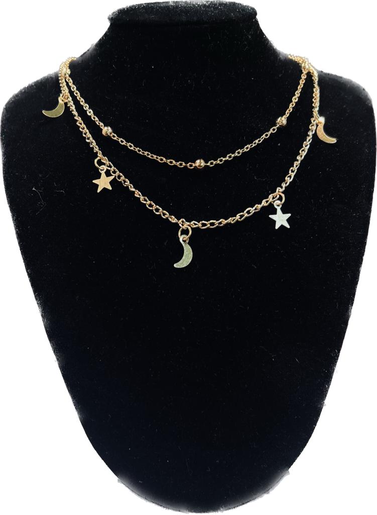 Goudkleurige Dubbele Ketting met Maan- en Sterbedels - Sieraden - Spiritueelboek.nl