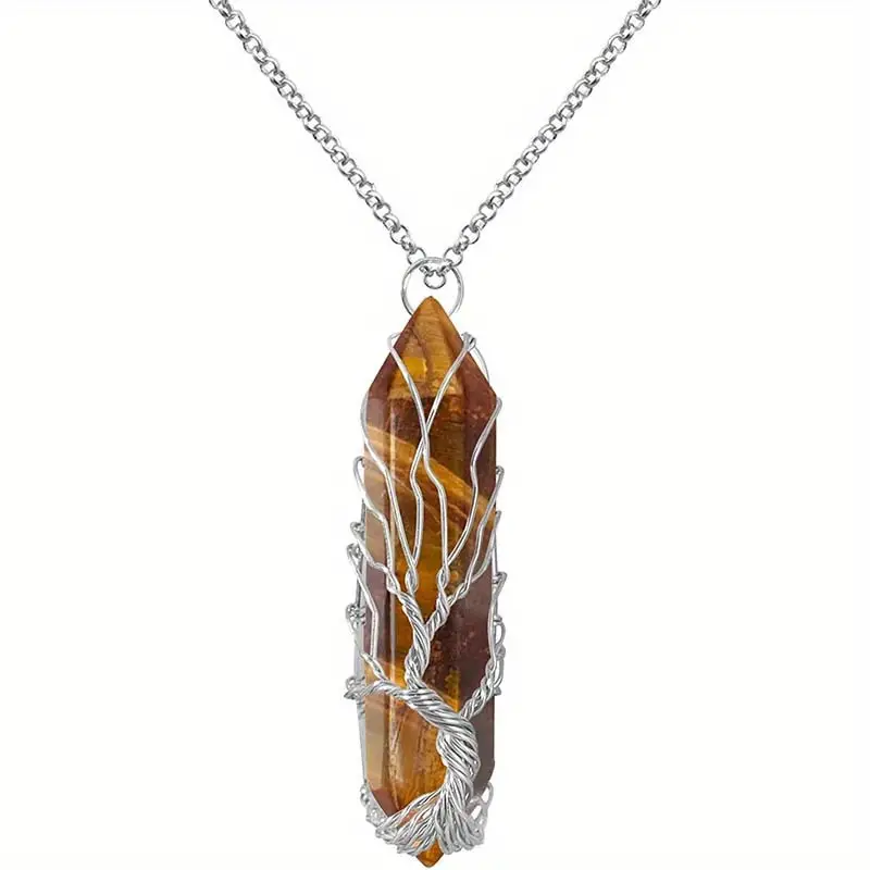 Zilverkleurige Ketting met Tijgeroog en Levensboom - Sieraden - Spiritueelboek.nl