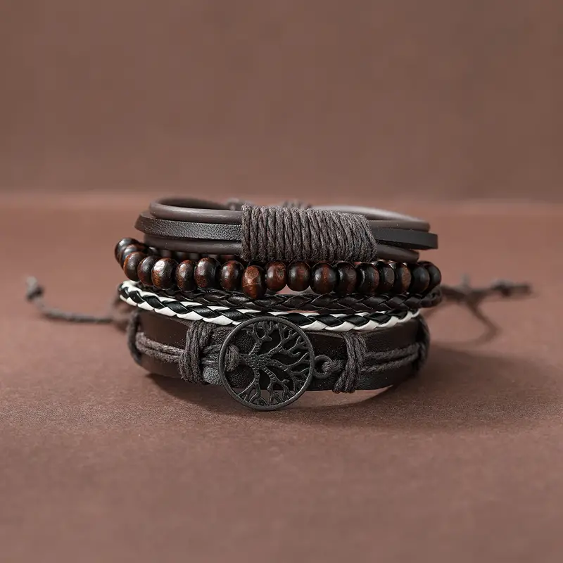 4-Laagse Bruin Leren Levensboom Armband - Sieraden - Spiritueelboek.nl