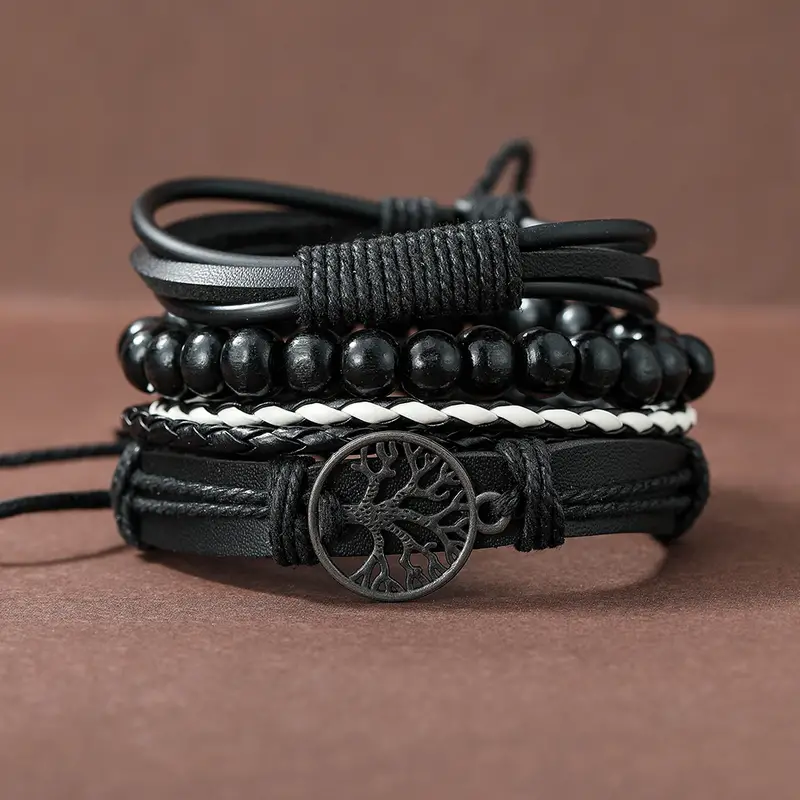 4-Laagse Zwart Leren Levensboom Armband - Sieraden - Spiritueelboek.nl