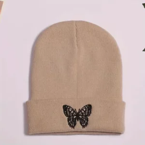 Beige Muts met Geborduurde Zwarte Vlinder