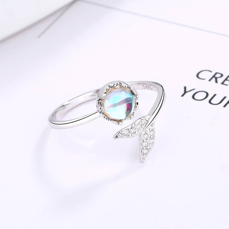 Zilverkleurige Ring - Zeemeerminstaart met Zikroon en Maansteen - Sieraden - Spiritueelboek.nl
