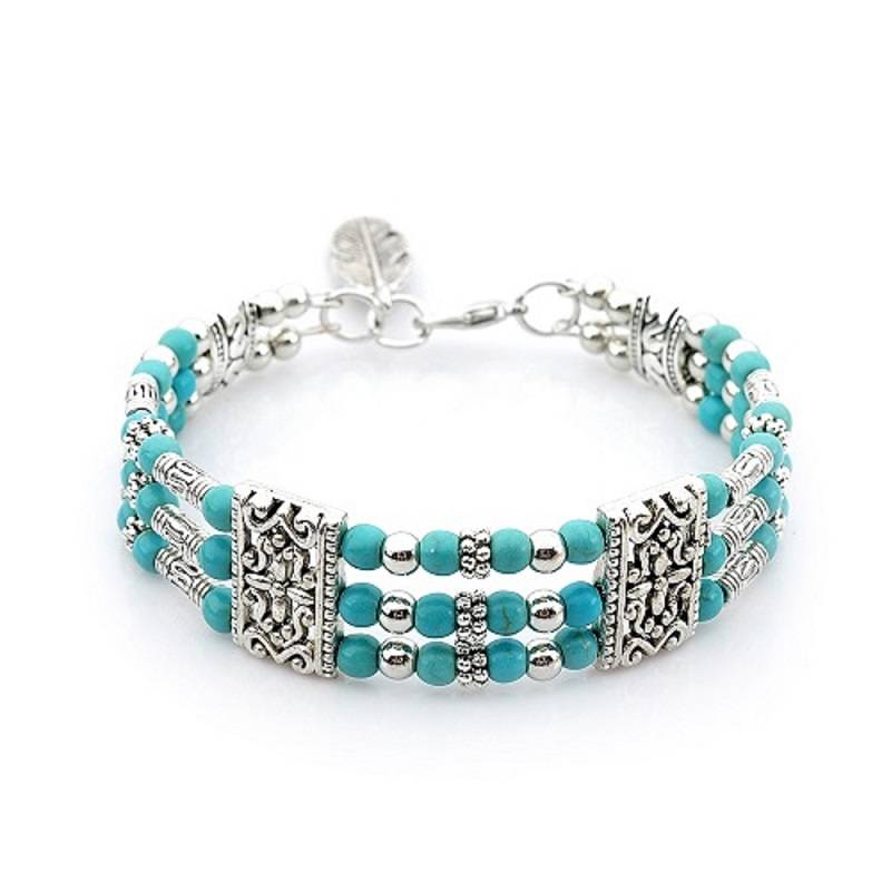 Zilverkleurige Drielaagse Armband met Turkoois Stenen - Sieraden - Spiritueelboek.nl