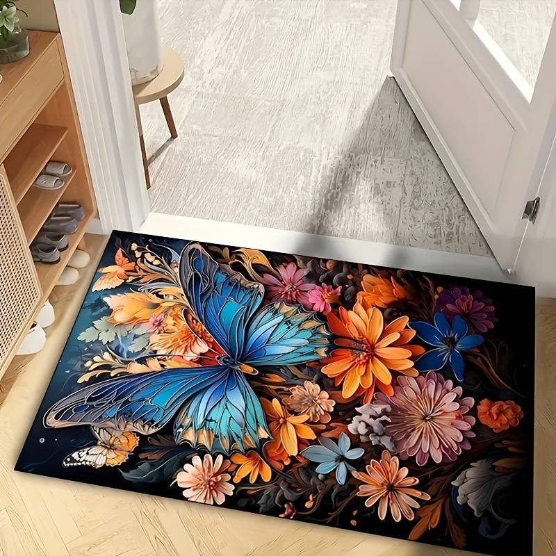 Rechthoekig Vloerkleed met Blauwe Vlinder en Kleurrijke Bloemen - Sale - Spiritueelboek.nl