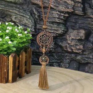 Lederen Ketting met Polkadot Bedel en Houten Fringe Hanger