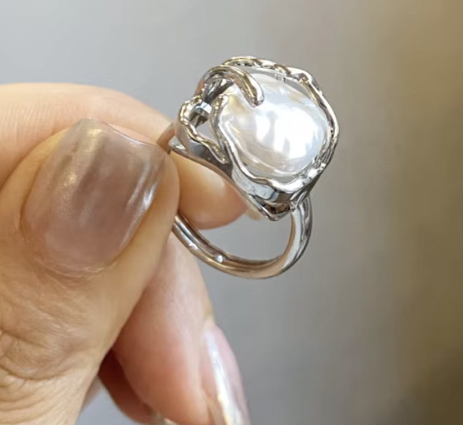 Zilverkleurige Verstelbare Vintage Parelring