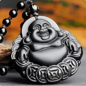 Obsidiaan Lachende Boeddha ketting