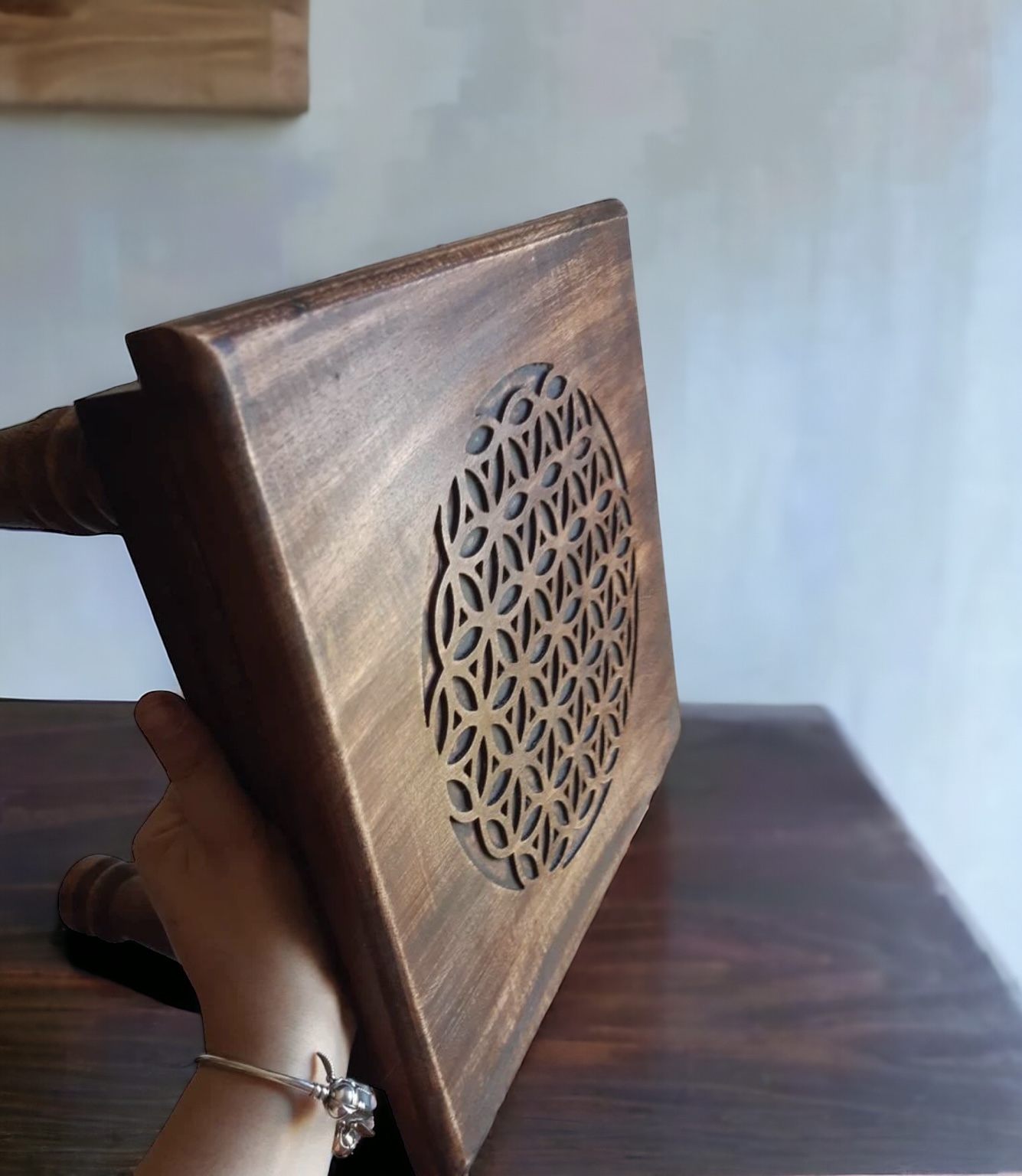 Houten Tafel Bloem van het Leven Symbool - Spirituele beelden - Spiritueelboek.nl