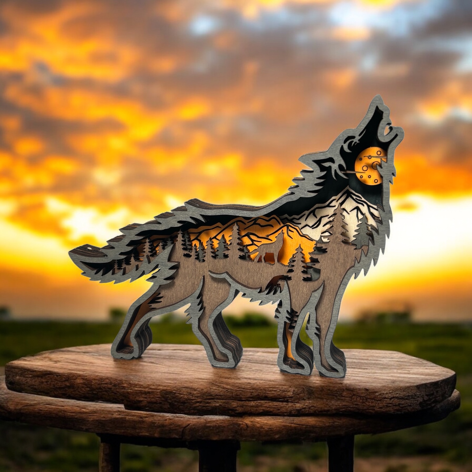Foto met Houten 3d wolf met wolken